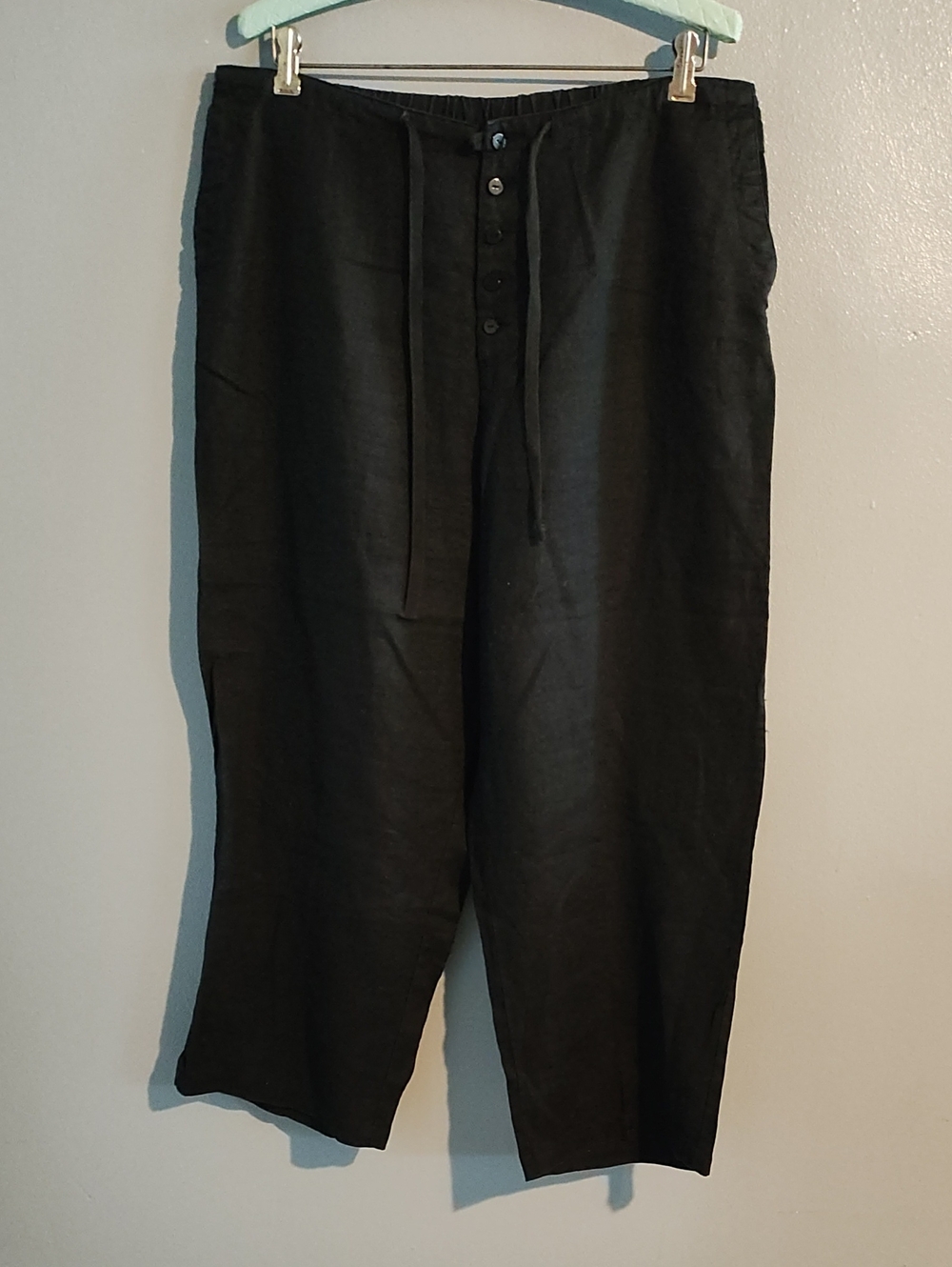 Chadwicks Black Button-Front Drawstring 100% Linen Pants